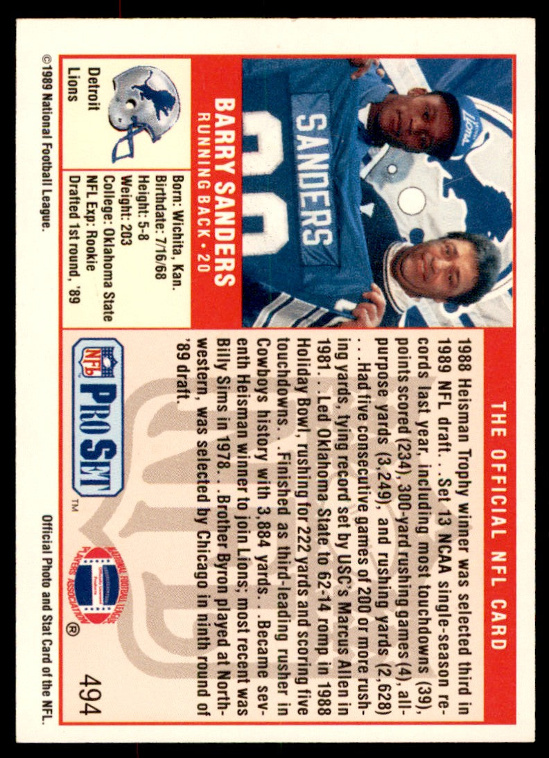 Barry Sanders Rookie Card 1989 Pro Set #494 Image 2