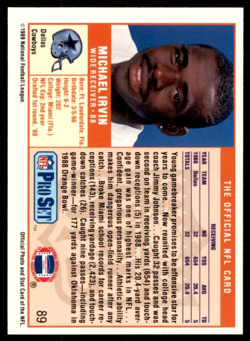 Michael Irvin Rookie Card 1989 Pro Set #89 Image 2