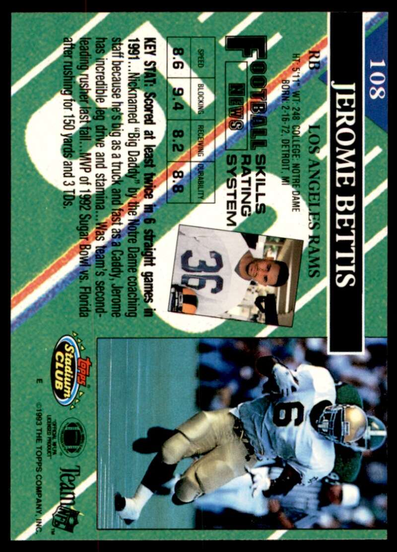 Jerome Bettis Rookie Card 1993 Stadium Club #108 Image 2