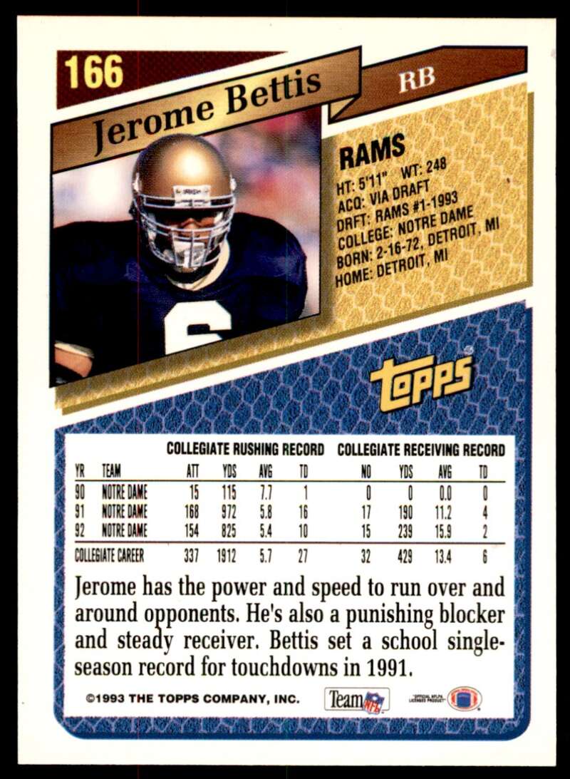 Jerome Bettis Rookie Card 1993 Topps #166 Image 2