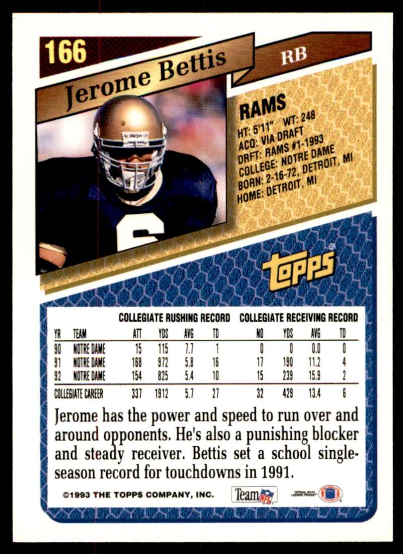 Jerome Bettis Rookie Card 1993 Topps #166 Image 2