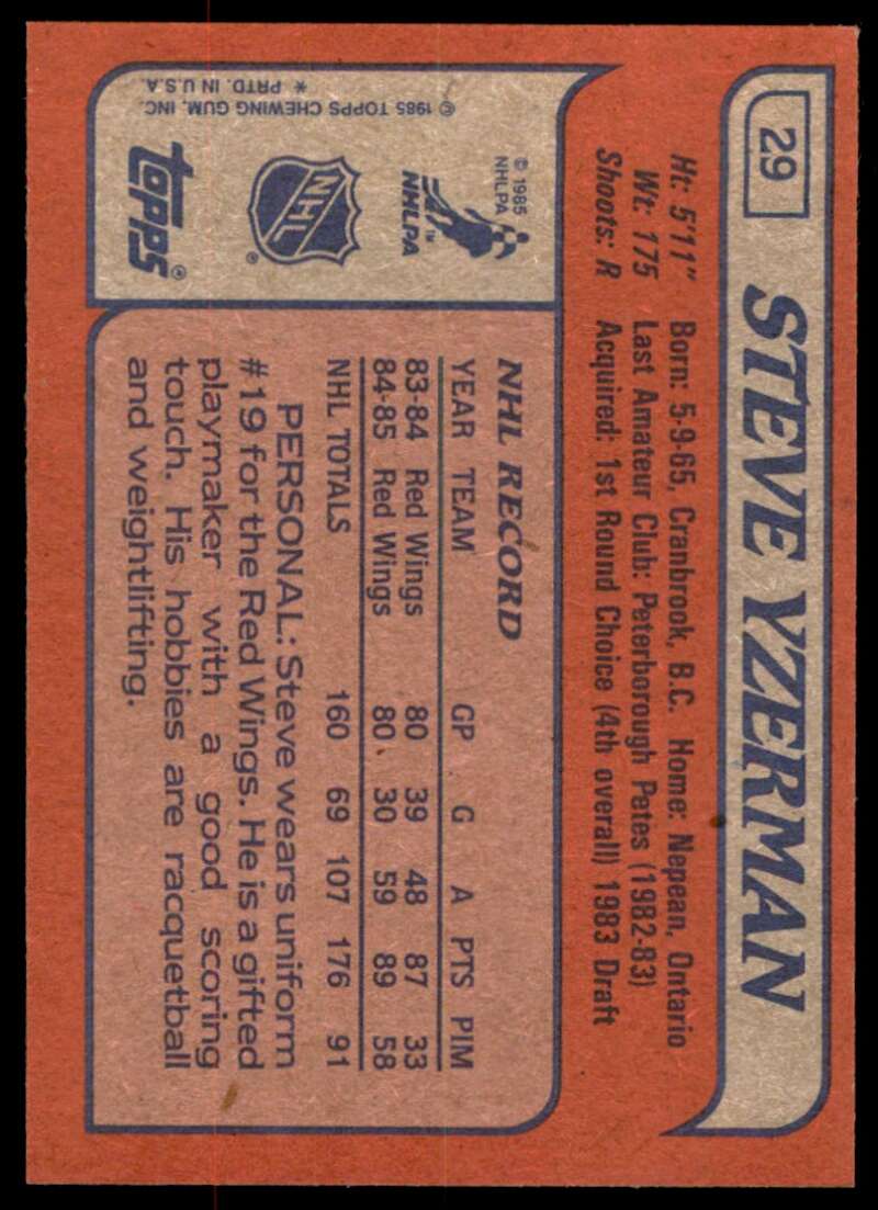 Steve Yzerman Card 1985-86 Topps #29 Image 2