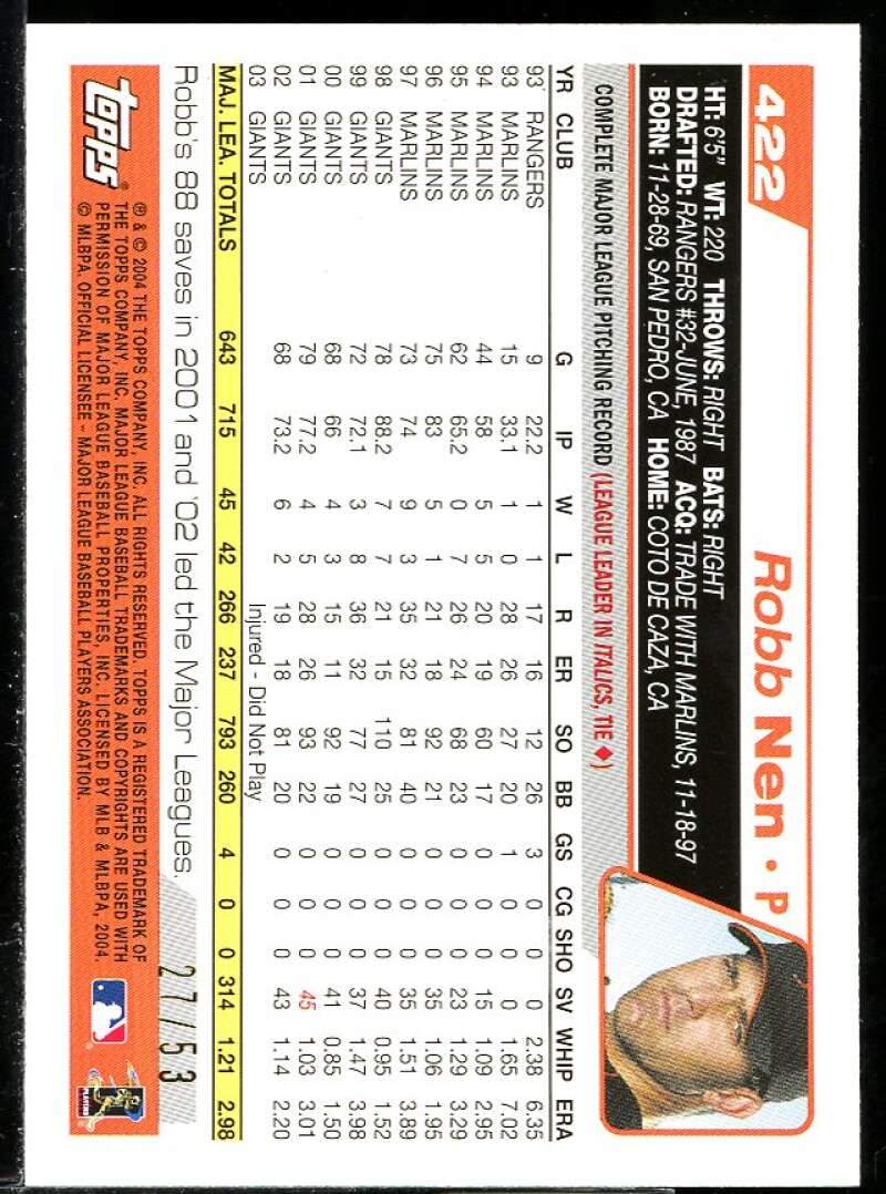 Robb Nen Card 2004 Topps Black #422 Image 2