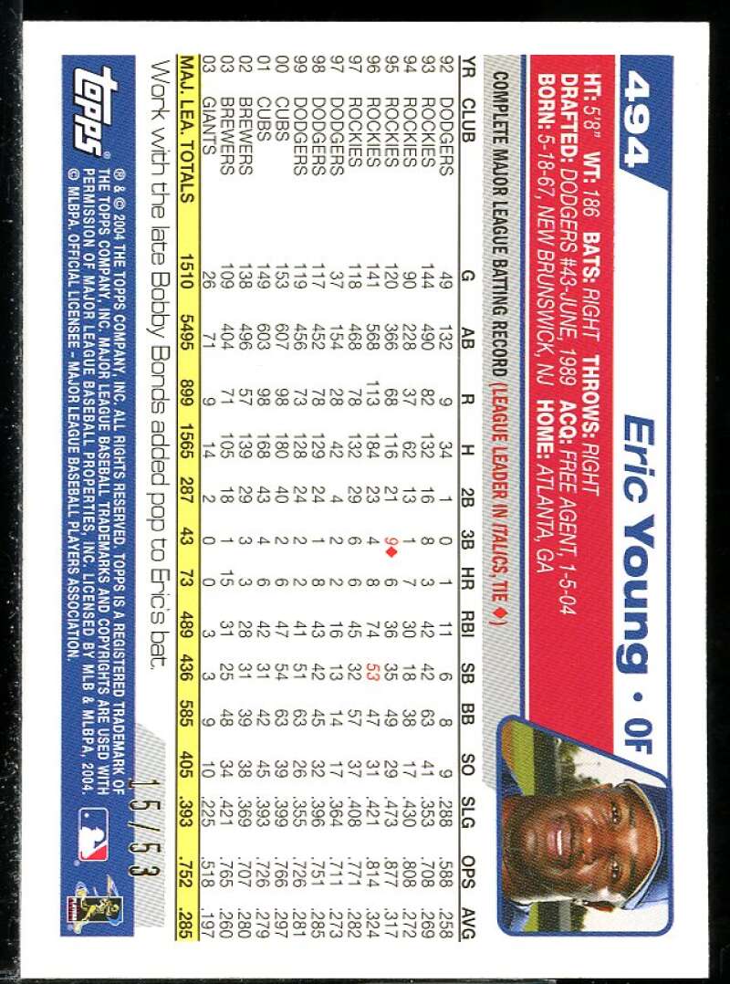 Eric Young Card 2004 Topps Black #494 Image 2
