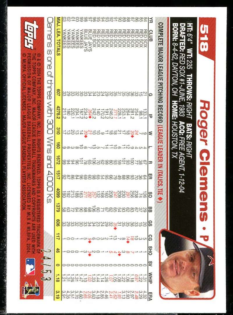 Roger Clemens Card 2004 Topps Black #518 Image 2