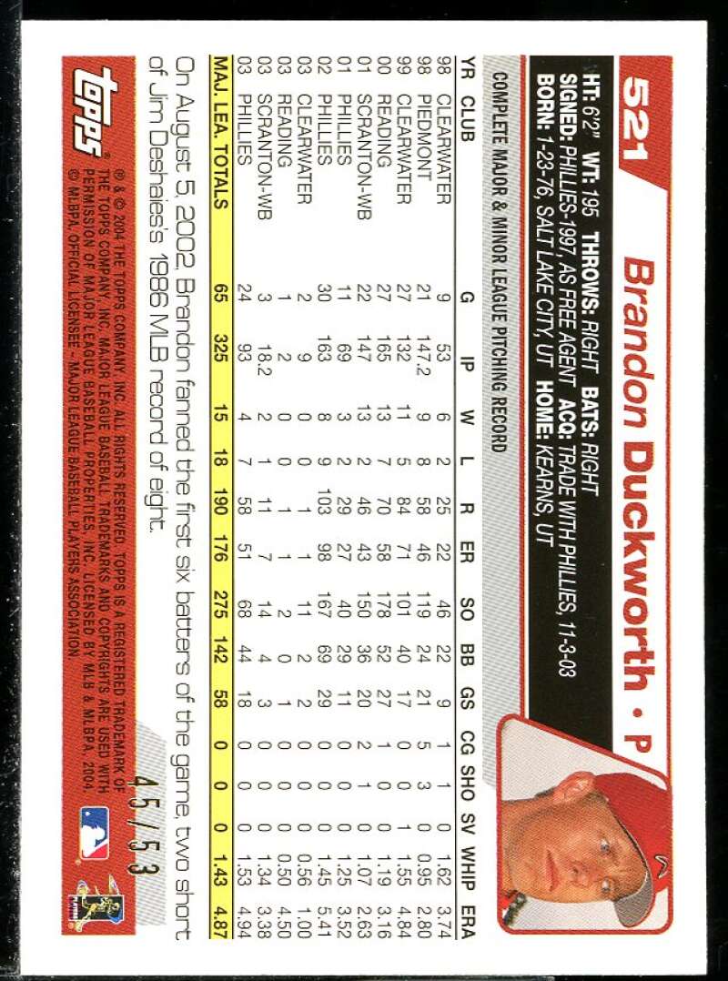 Brandon Duckworth Card 2004 Topps Black #521 Image 2