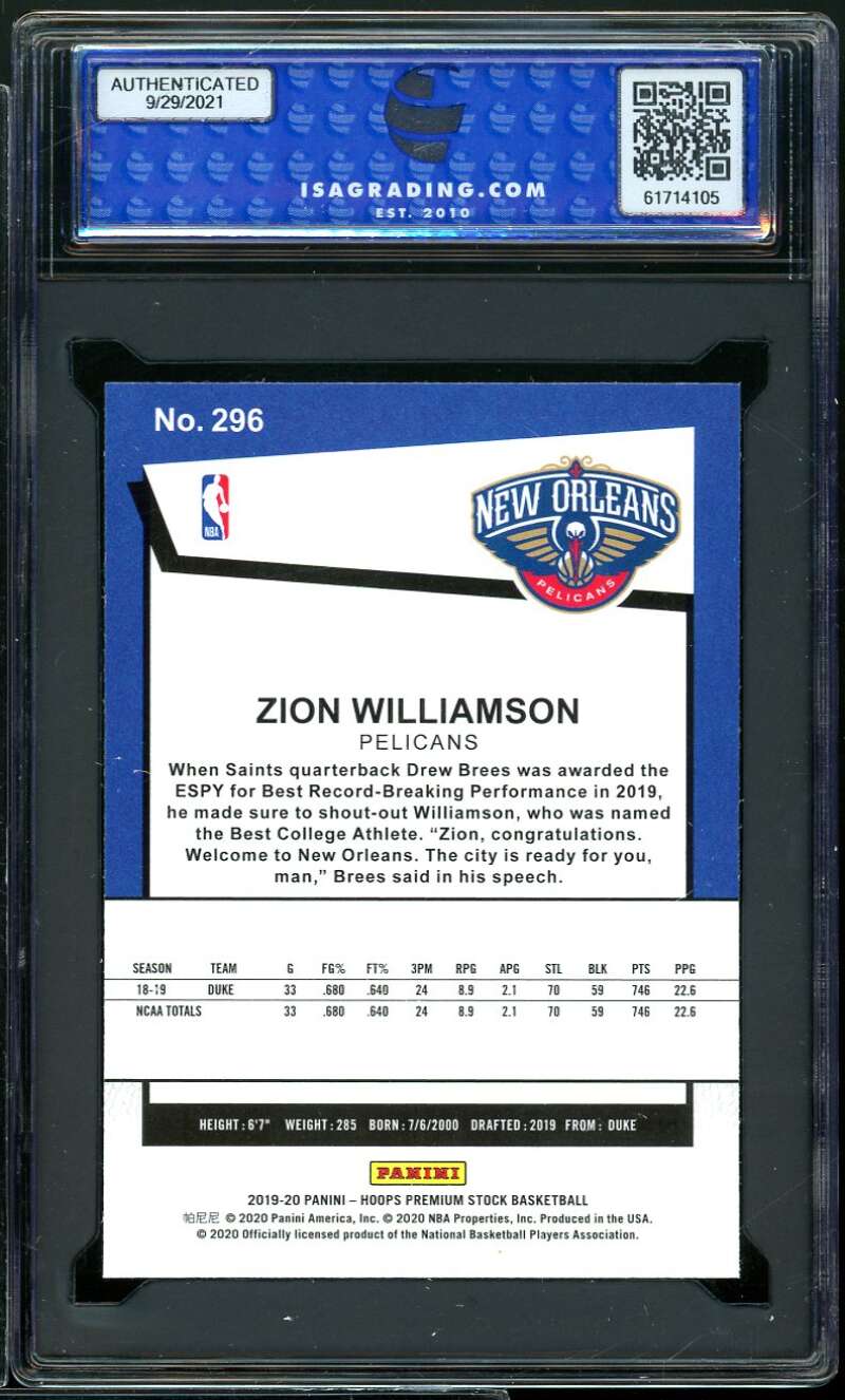 Zion Williamson Rookie Card 2019-20 Hoops Premium Stock #296 ISA 9 MINT Image 2