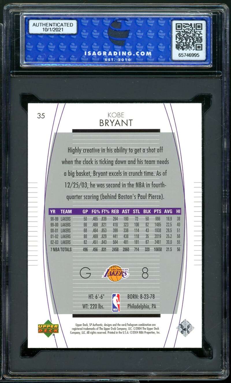 Kobe Bryant Card 2003-04 SP Authentic #35 ISA 10 GEM MINT Image 2