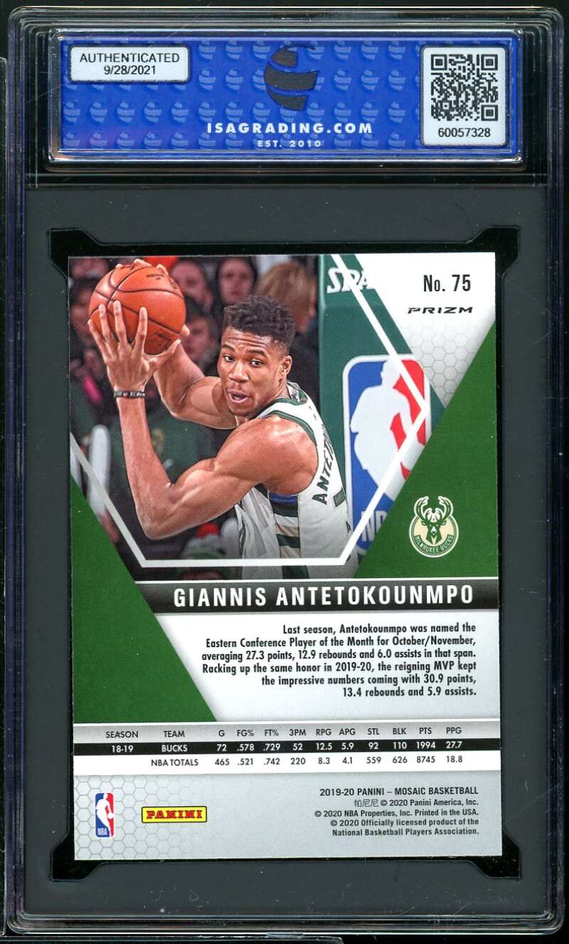 Giannis Antetokounmpo 2019-20 Panini Mosaic Reactive Orange #75 ISA 10 GEM MINT Image 2