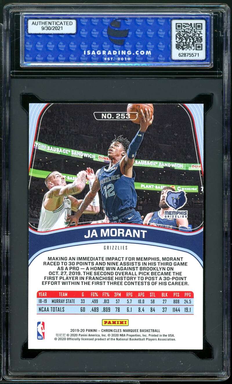 Ja Morant Card 2019-20 Panini Chronicles Marquee #253 ISA 10 GEM MINT Image 2