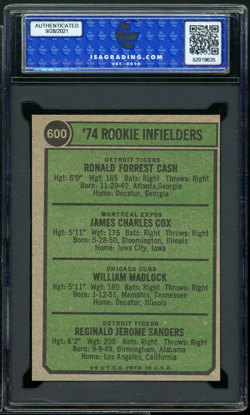 Ron Cash/Jim Cox/Bill Madlock/Reggie Sanders Rookie 1974 Topps #600 ISA 7 NM Image 2