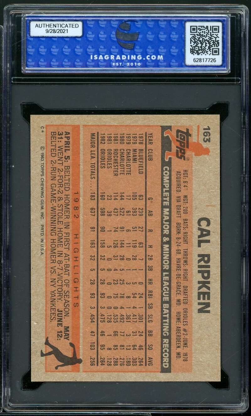 Cal Ripken Card 1983 Topps #163 ISA 9 MINT Image 2