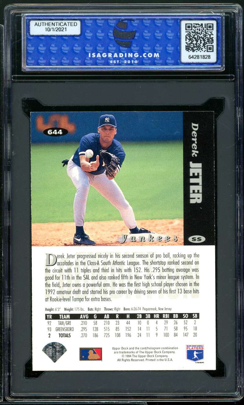 Derek Jeter Card 1994 Collector's Choice Silver Signature #644 ISA 9 MINT Image 2