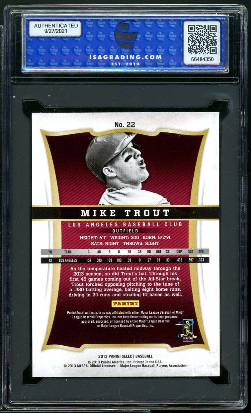Mike Trout Card 2013 Panini Select #22 ISA 9 MINT Image 2