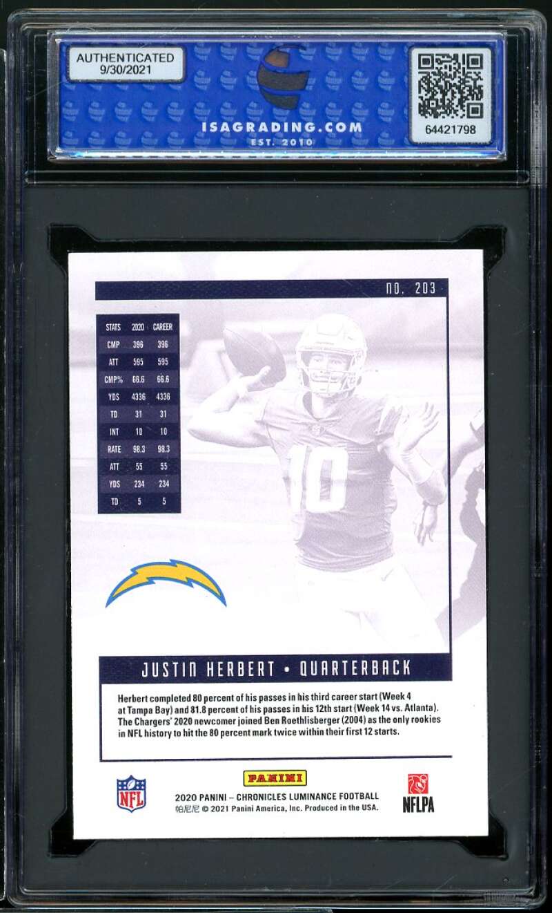 Justin Herbert Rookie Card 2020 Panini Chronicles Luminance #203 ISA 9 MINT Image 2