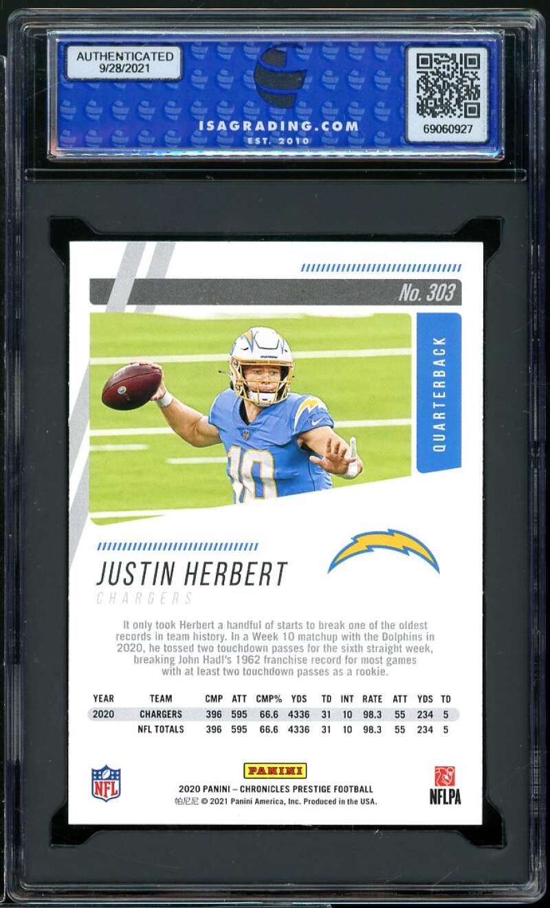 Justin Herbert Rookie Card 2020 Panini Chronicles Prestige #303 ISA 9 MINT Image 2