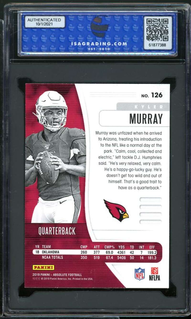 Kyler Murray Rookie Card 2019 Panini Absolute Retail #126 ISA 10 GEM MT Image 2