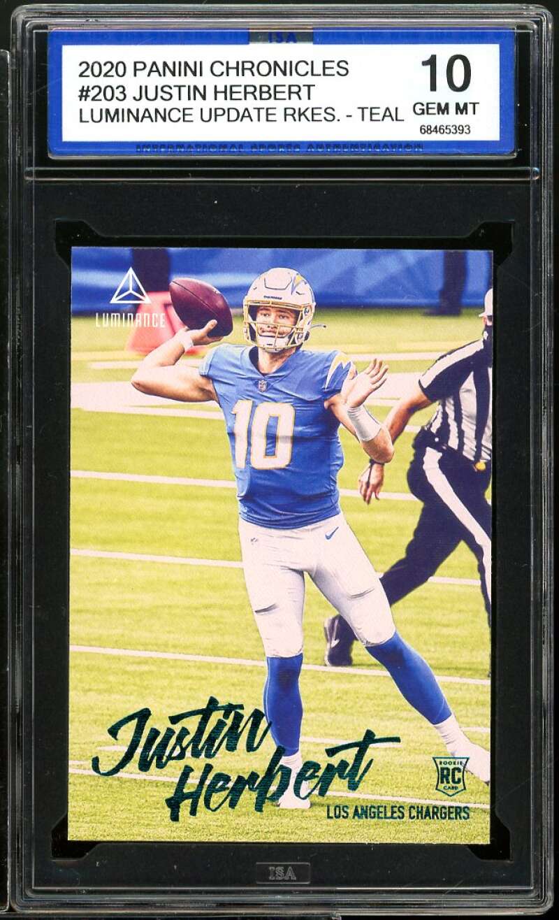 Justin Herbert Rookie 2020 Panini Chonicles Luminance Update #203 ISA 10 GEM MT Image 1