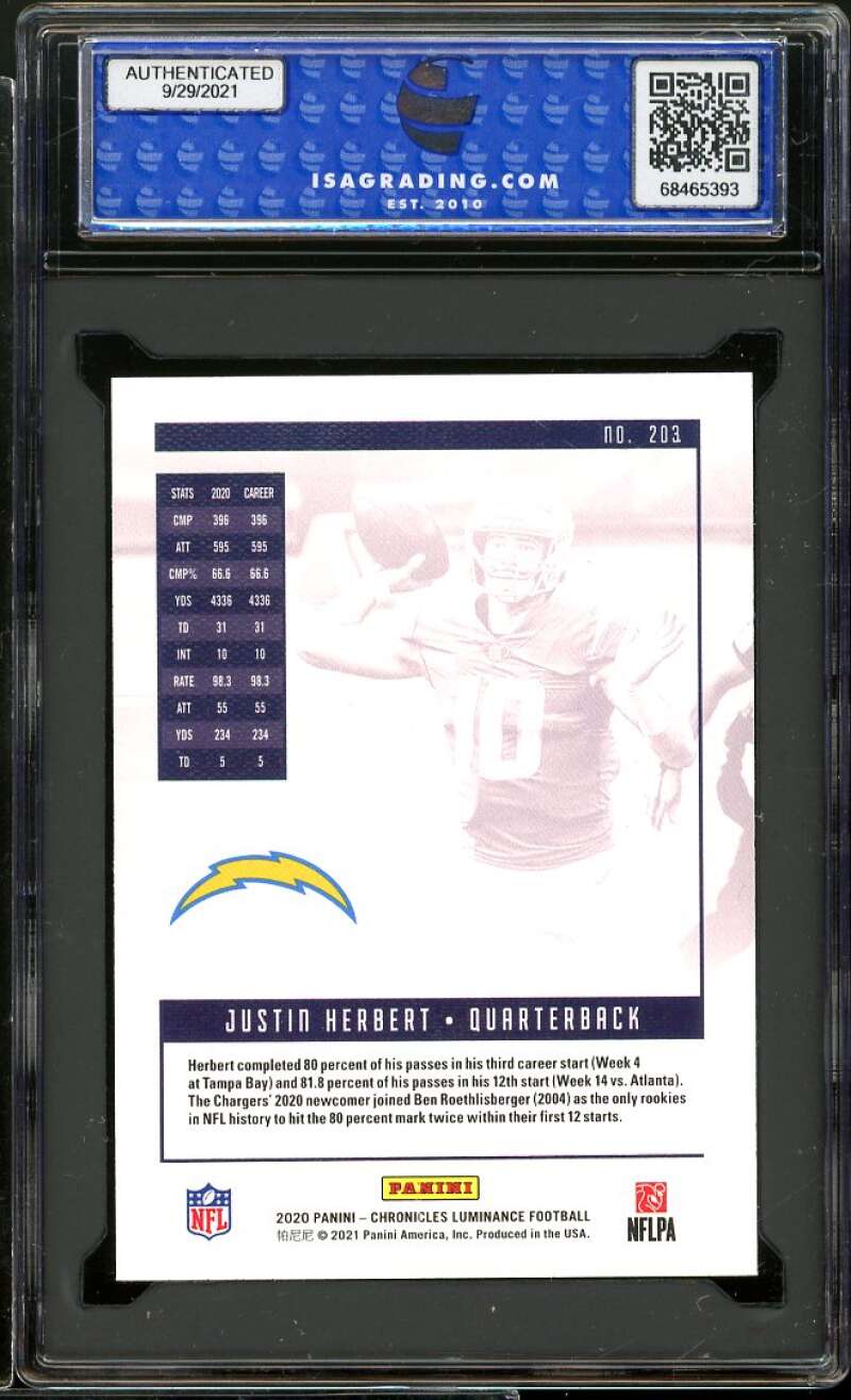 Justin Herbert Rookie 2020 Panini Chonicles Luminance Update #203 ISA 10 GEM MT Image 2