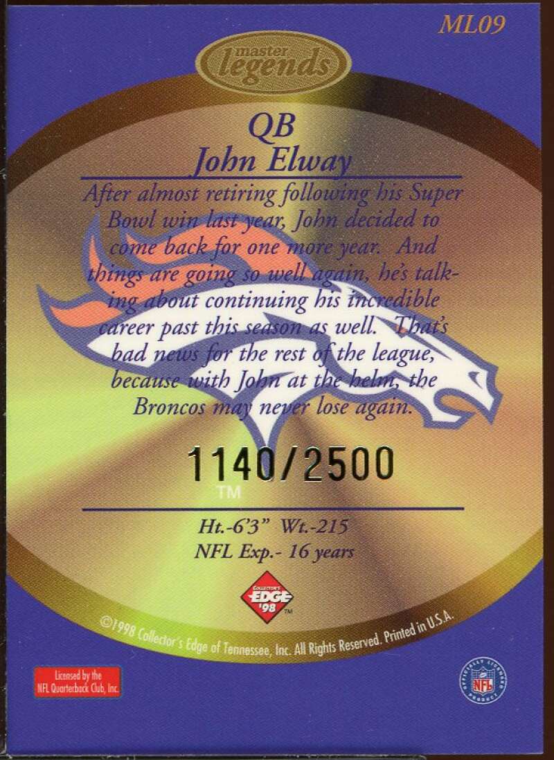 John Elway Card 1998 Collector's Edge Masters Legends #ML9 Image 2