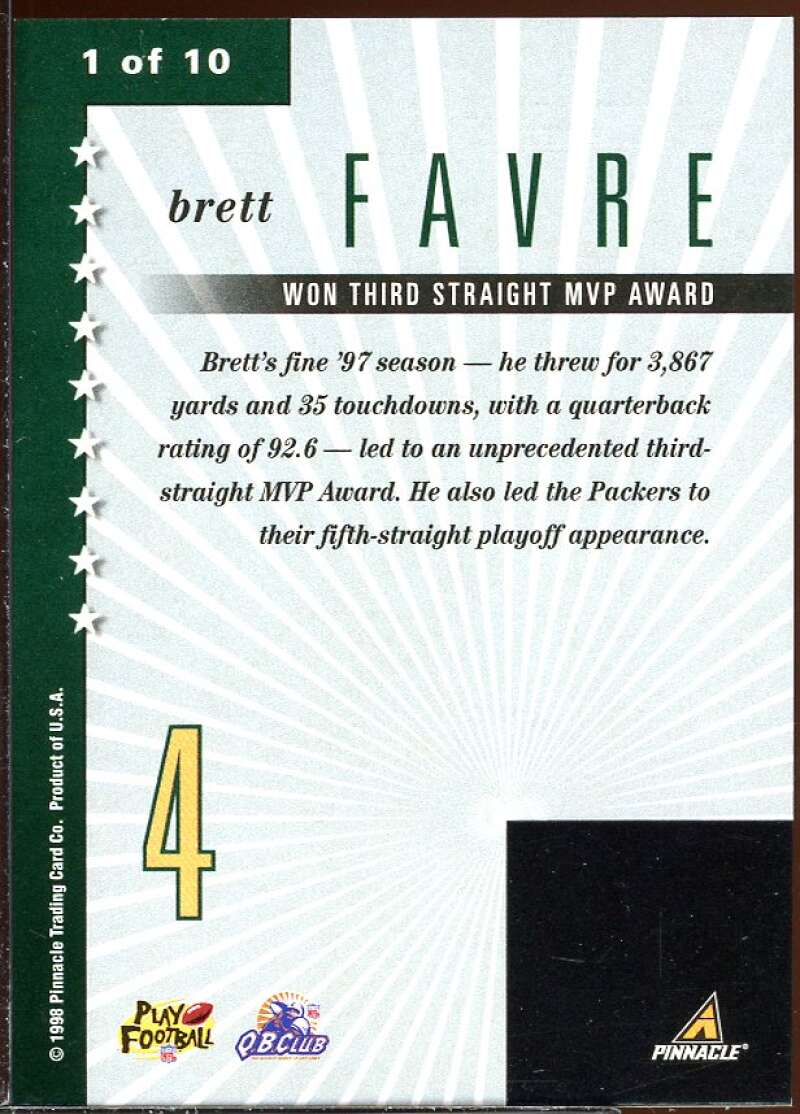 Brett Favre Card 1998 Pinnacle Mint Lasting Impressions #1 Image 2