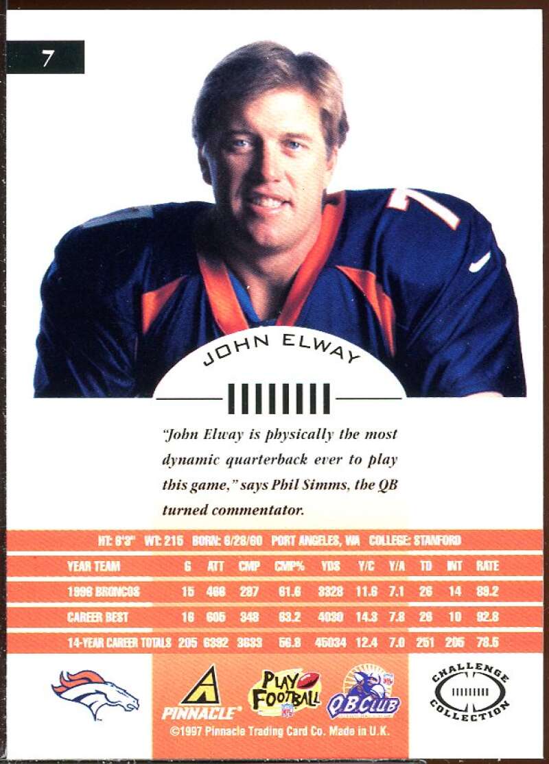 John Elway Card 1997 Pinnacle Inscriptions Challenge Collection #7 Image 2