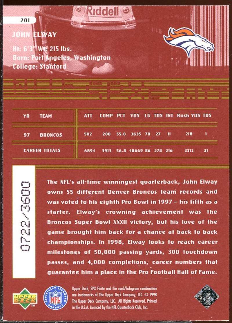 John Elway ET Card 1998 SPx Finite Radiance #281 Image 2
