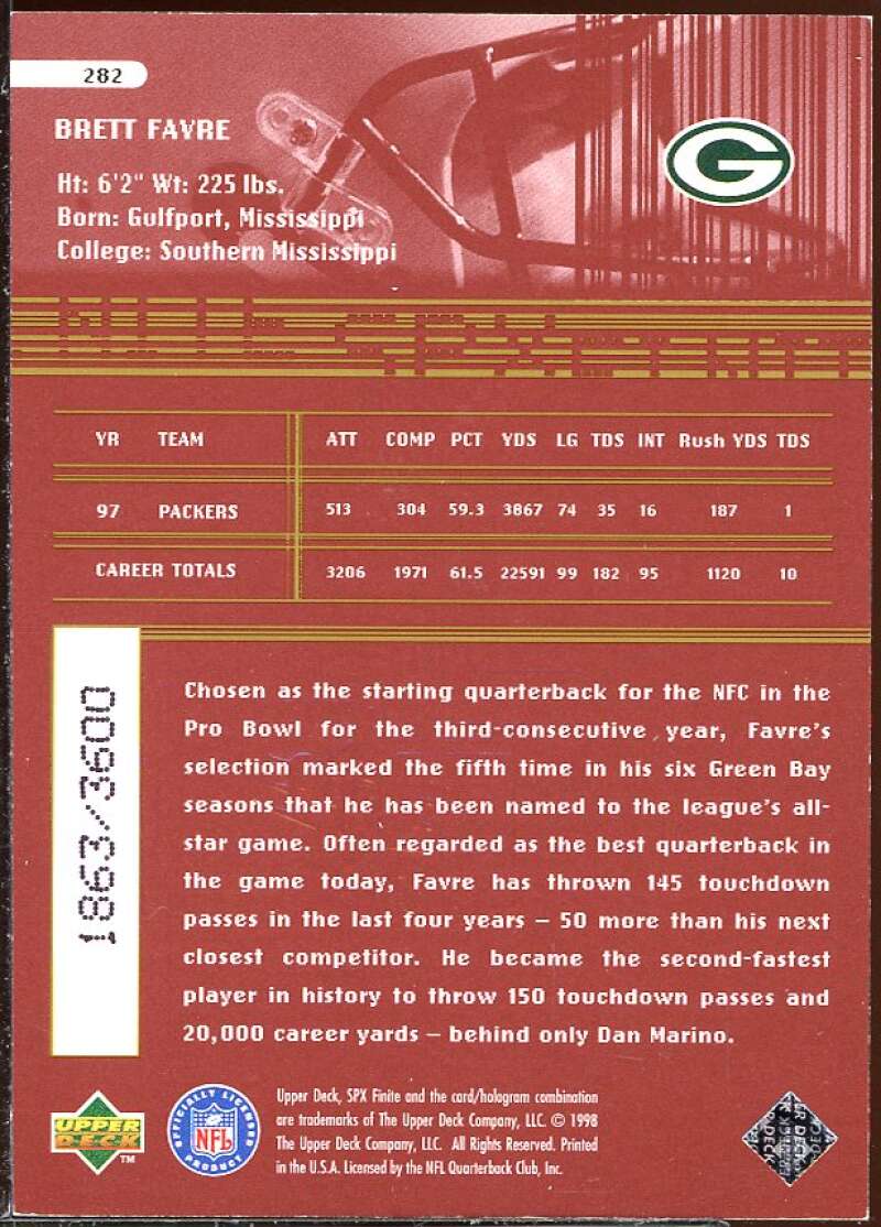 Brett Favre ET Card 1998 SPx Finite Radiance #282 Image 2