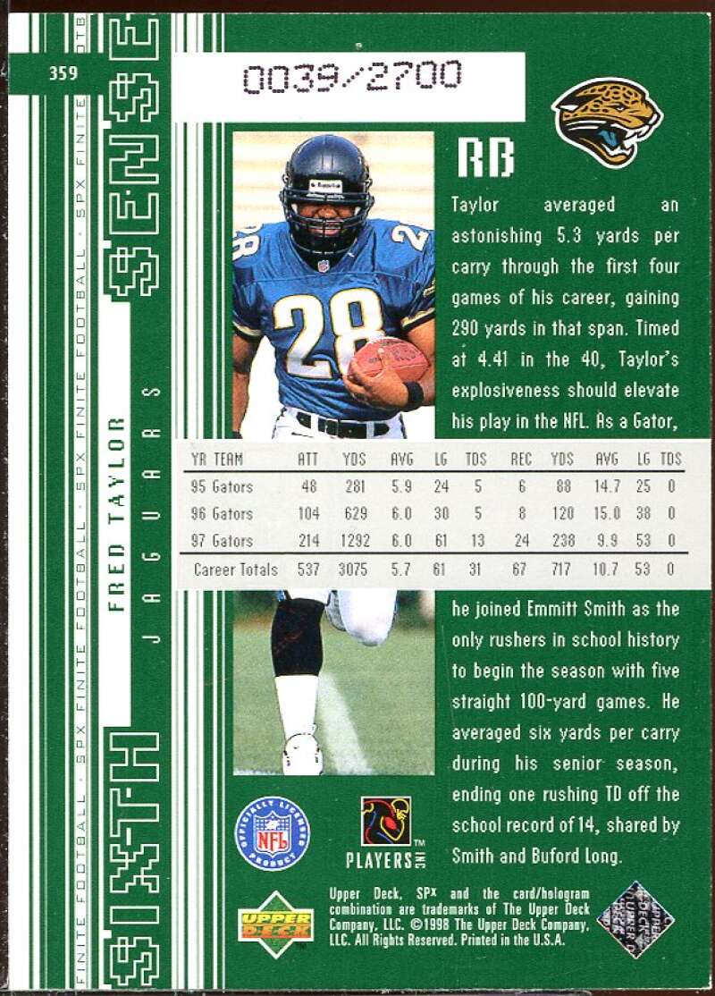 Fred Taylor Rookie Card 1998 SPx Finite #359 Image 2