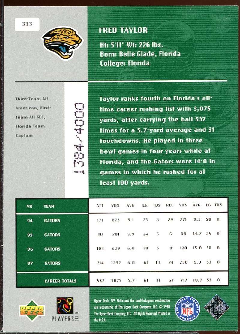 Fred Taylor Rookie Card 1998 SPx Finite #333 Image 2