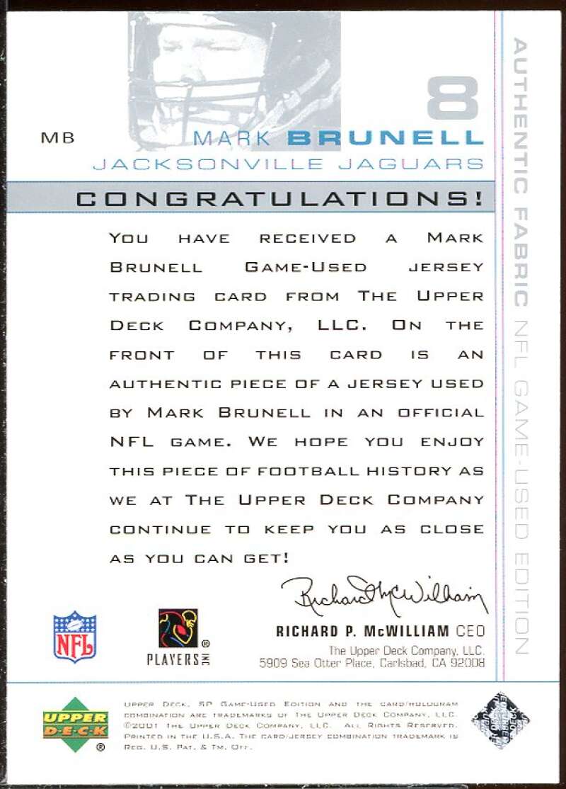 Mark Brunell Card 2001 SP Game Used Edition Authentic Fabric #MB Image 2