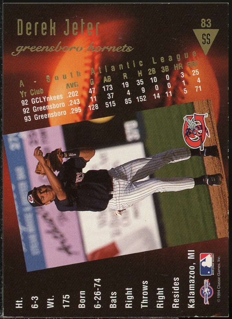 Derek Jeter Rookie Card 1994 Classic/Best Gold #83 Image 2