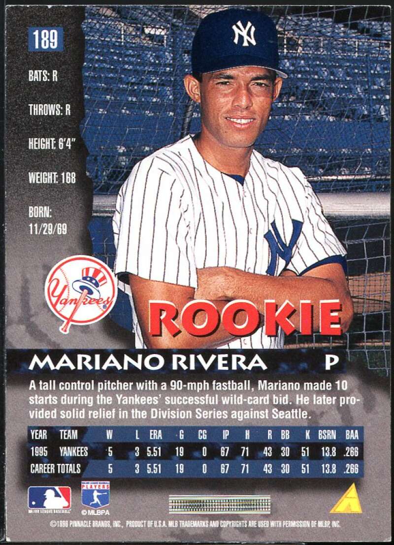 Mariano Rivera Card 1996 Pinnacle #189 Image 2