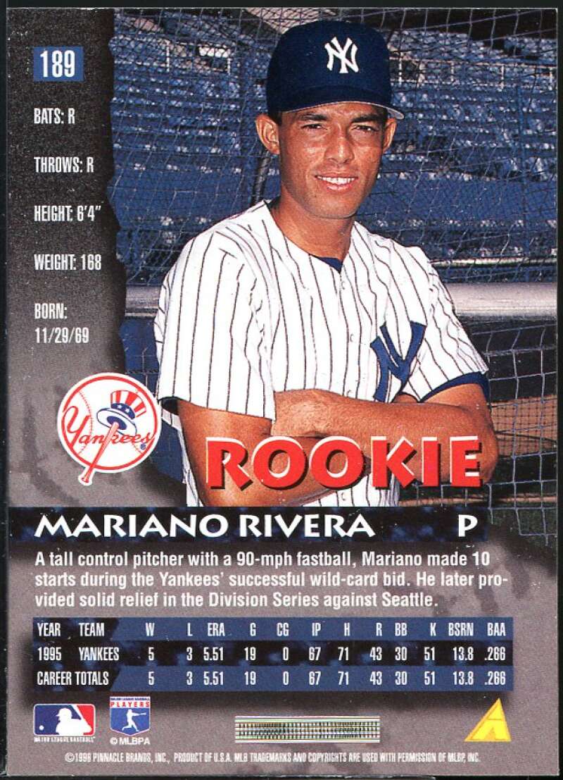 Mariano Rivera Card 1996 Pinnacle #189 Image 2