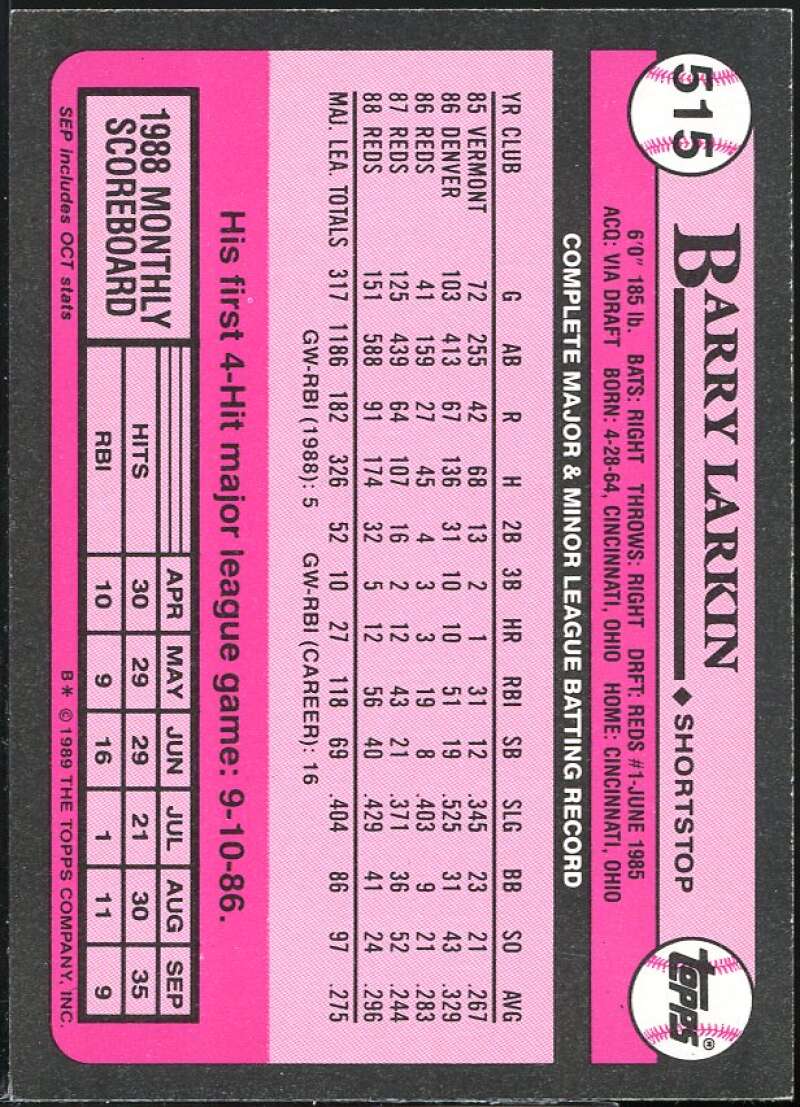 Barry Larkin Card 1989 Topps Tiffany #515 Image 2