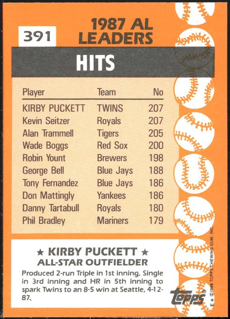 Kirby Puckett AS Card 1988 Topps Tiffany #391 Image 2