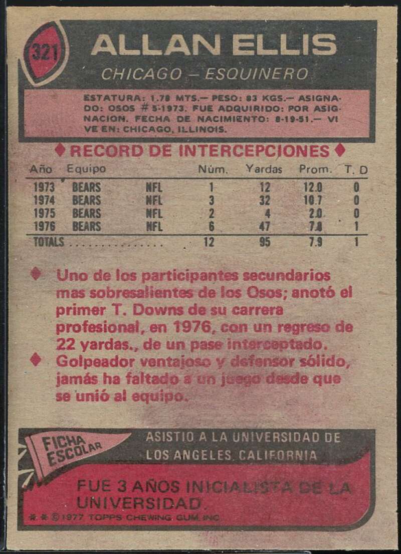 Allan Ellis Card 1977 Topps Mexican #321 Image 2