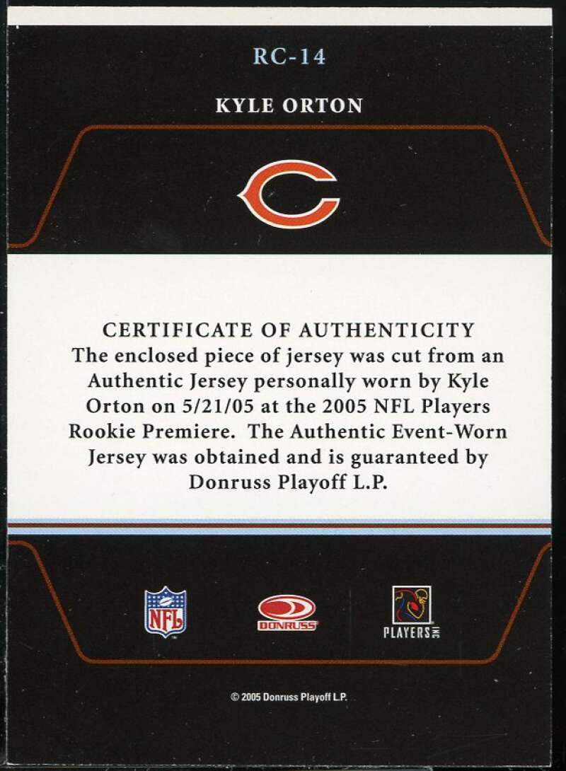 Kyle Orton Rookie Card 2005 Zenith Rookie Roll Call Jerseys #RC14 Image 2