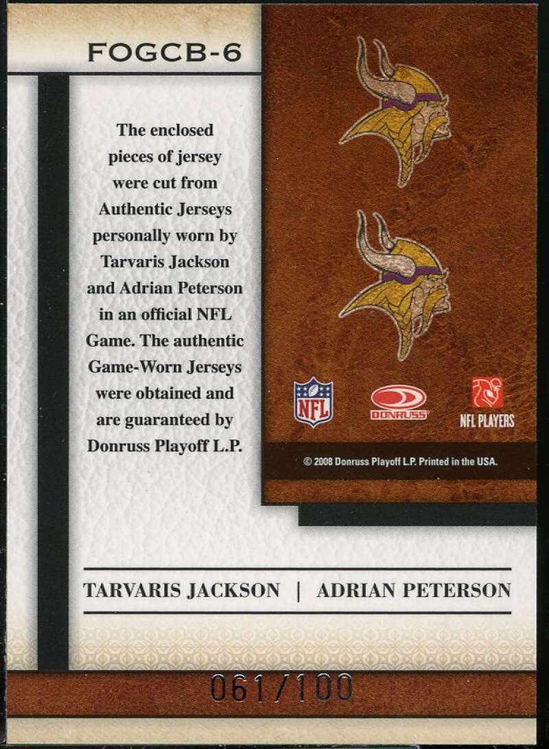 Jackson/Adrian Peterson 2008 Leaf Certified Materials Fabric of Game Combos #6 Image 2