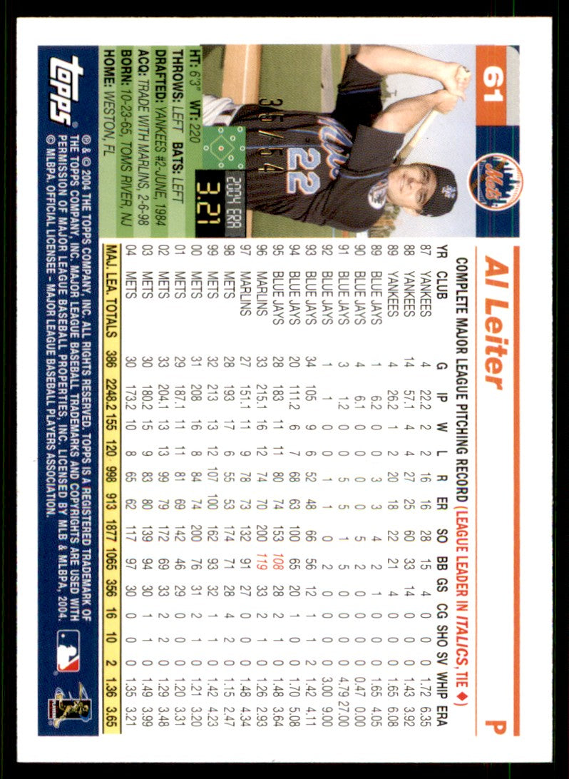 Al Leiter Card 2005 Topps Black #61 Image 2