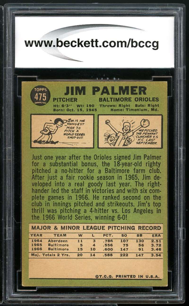 1967 Topps #475 Jim Palmer Card BGS BCCG 8 Excellent+ Image 2