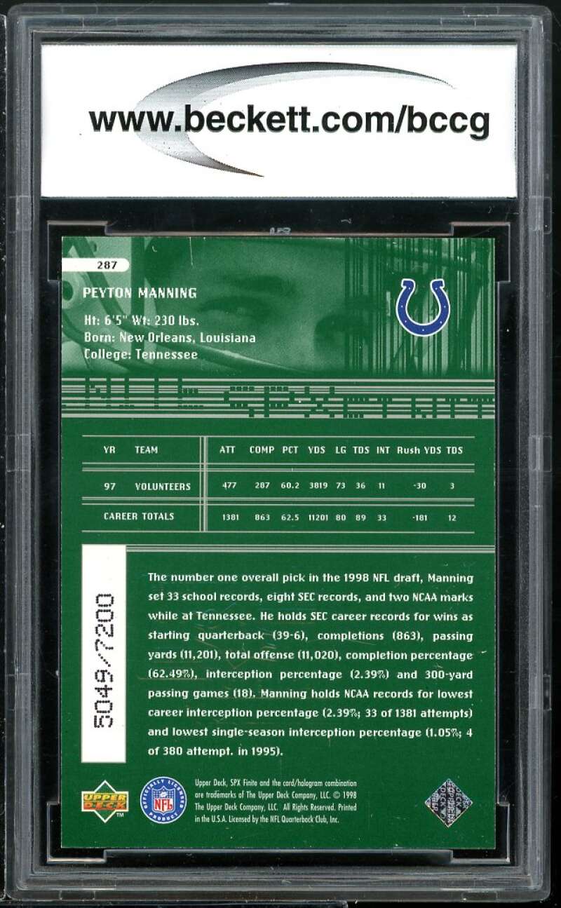 1998 SPX Finite #287 Peyton Manning Rookie Card BGS BCCG 9 Near Mint+ Image 2