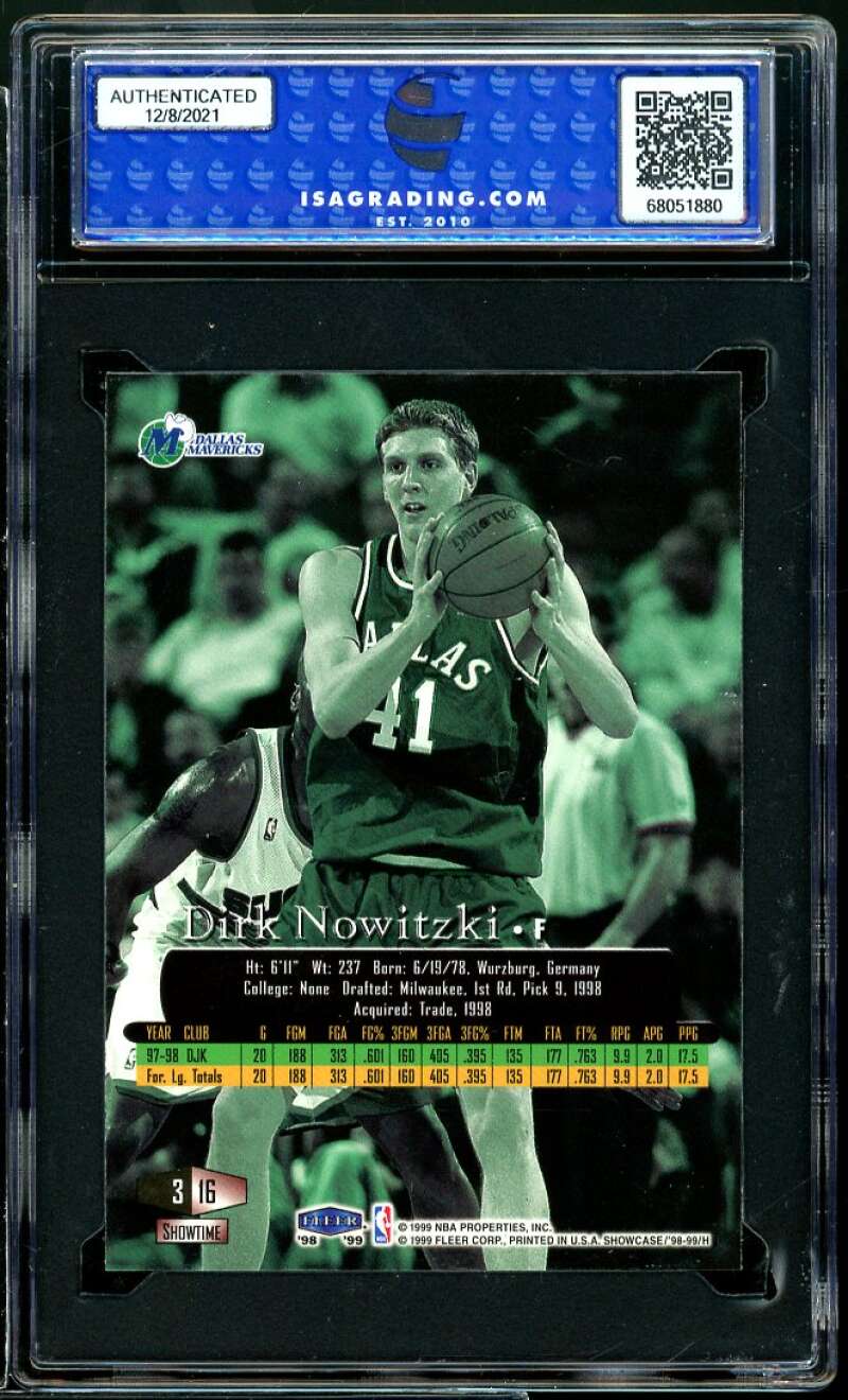 Dirk Nowitzki Rookie Card 1998-99 Flair Row 3 #16 ISA 9 MINT Image 2