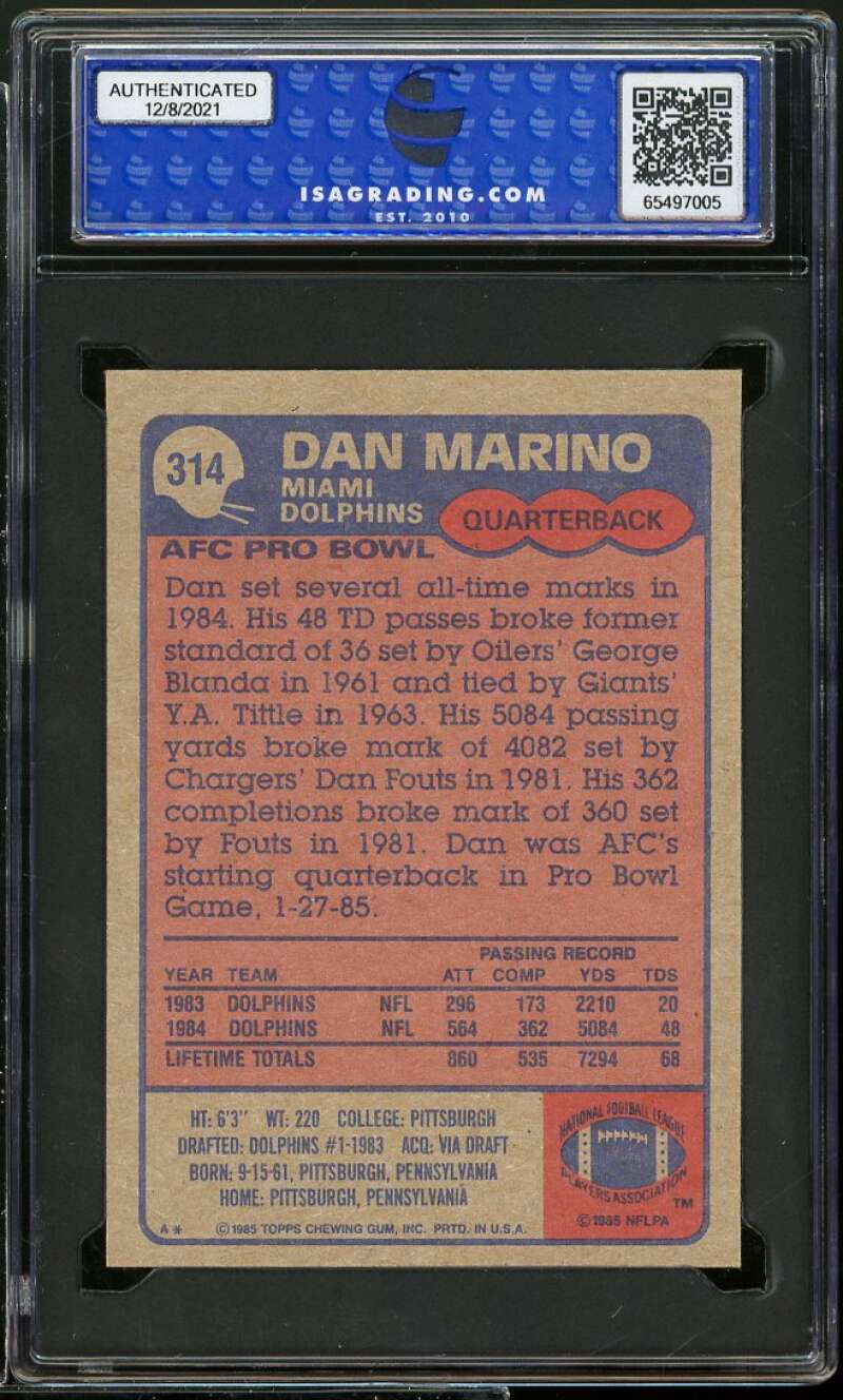 Dan Marino Card 1985 Topps #314 ISA 7.5 NM+ Image 2