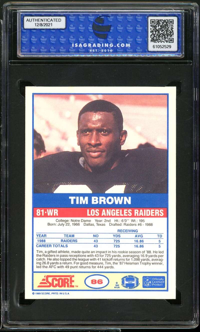 Tim Brown Rookie Card 1989 Score #86 ISA 9 MINT Image 2