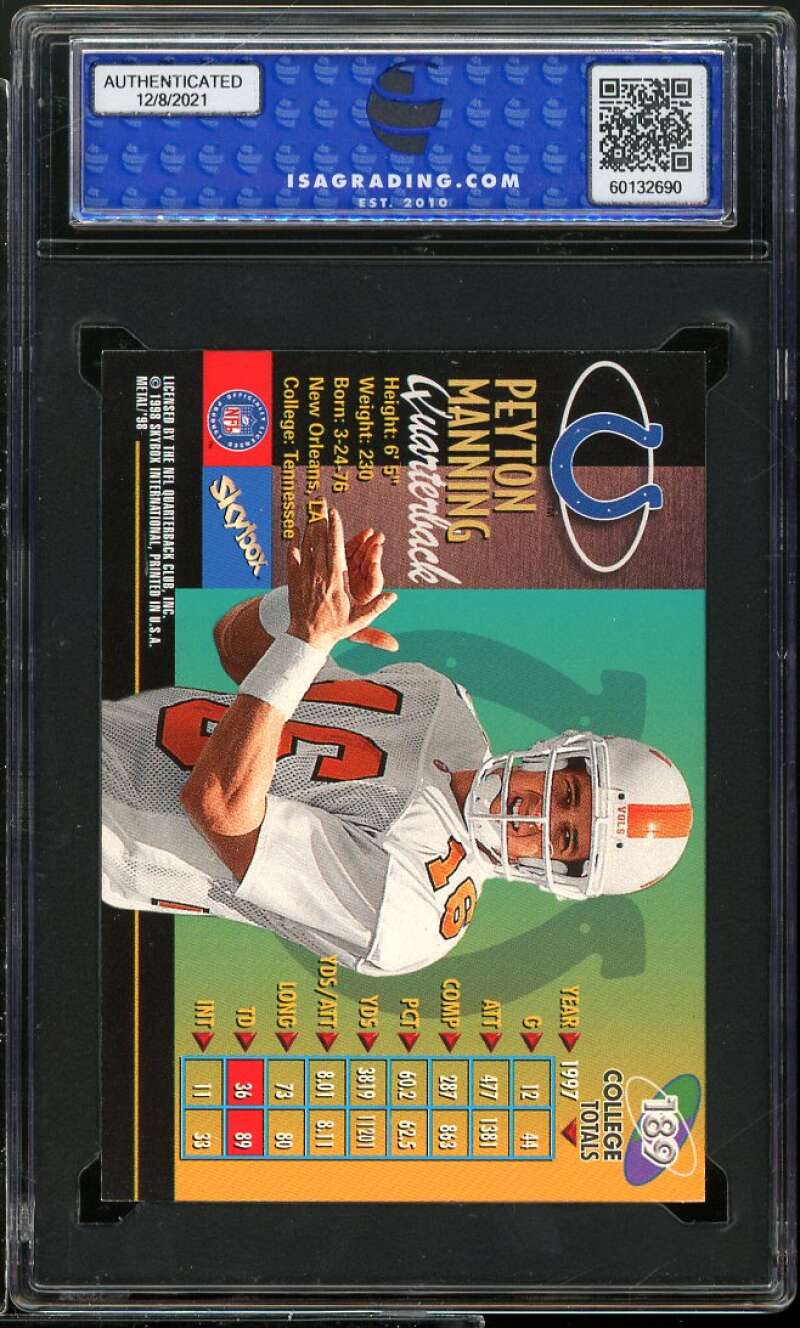 Peyton Manning Rookie Card 1998 Metal Universe #189 ISA 9 MINT Image 2