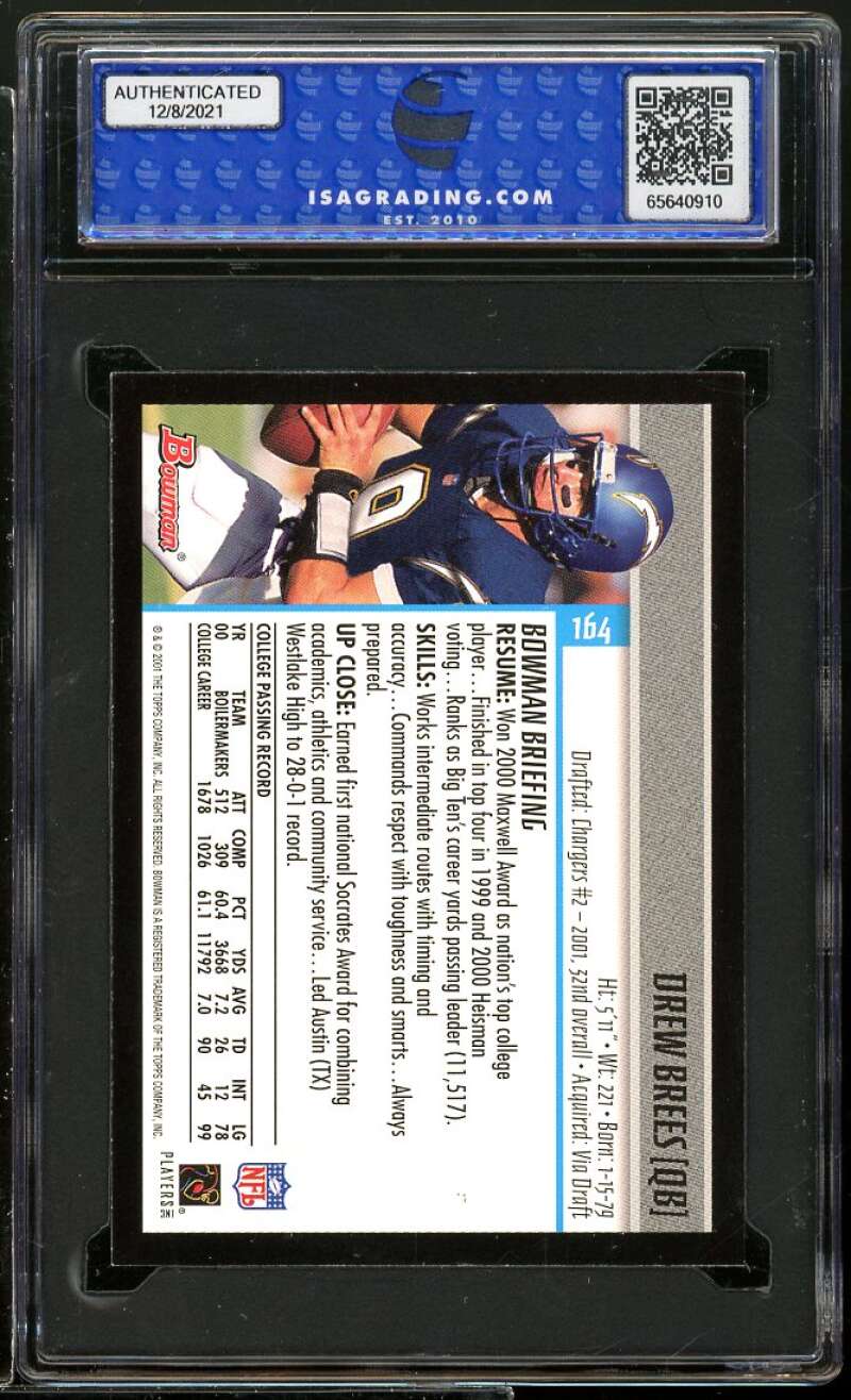 Drew Brees Rookie Card 2001 Bowman #164 ISA 8 NM-MT Image 2