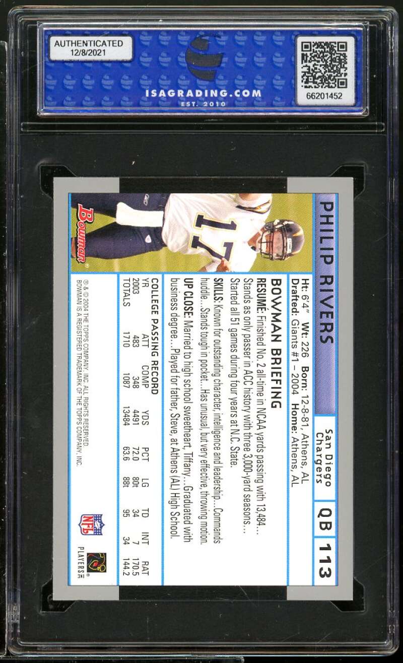 Philip Rivers Rookie Card 2004 Bowman #113 ISA 9 MINT Image 2