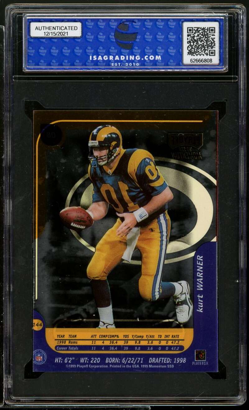 Kurt Warner Rookie Card 1999 Playoff Momentum SSD #144 ISA 7 NM Image 2