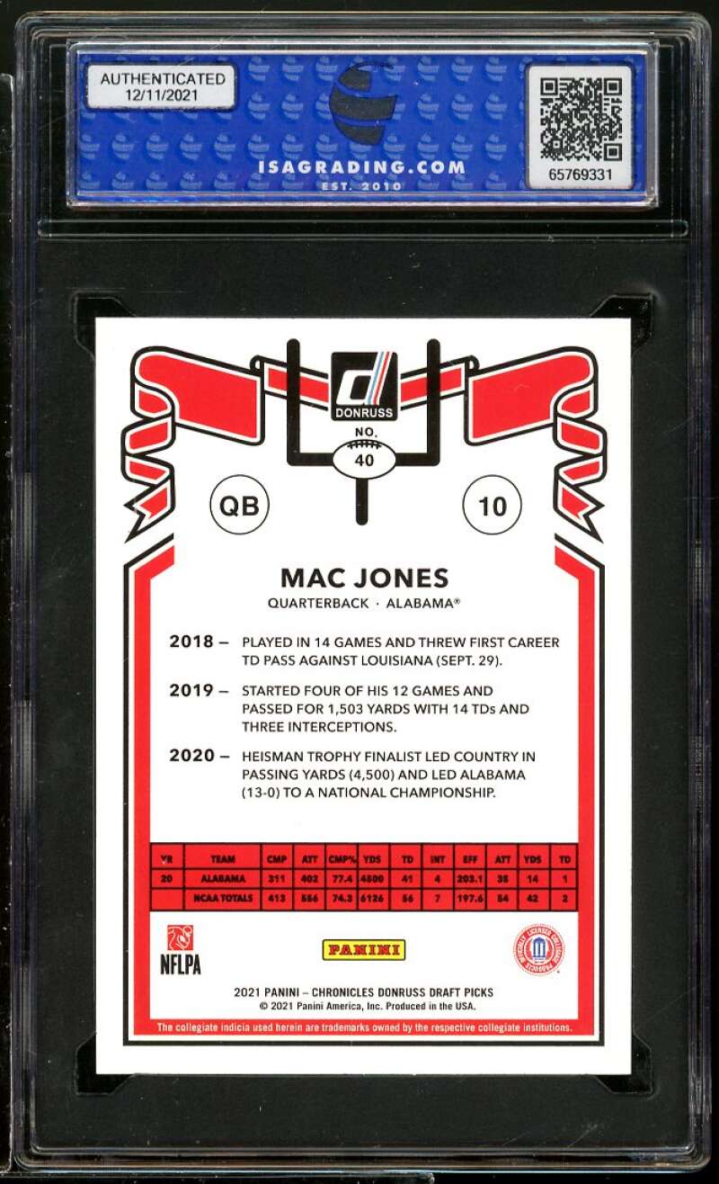 Mac Jones Rookie 2021 Panini Chronicles D.P. Donruss Retro #40 ISA 10 GEM MT Image 2